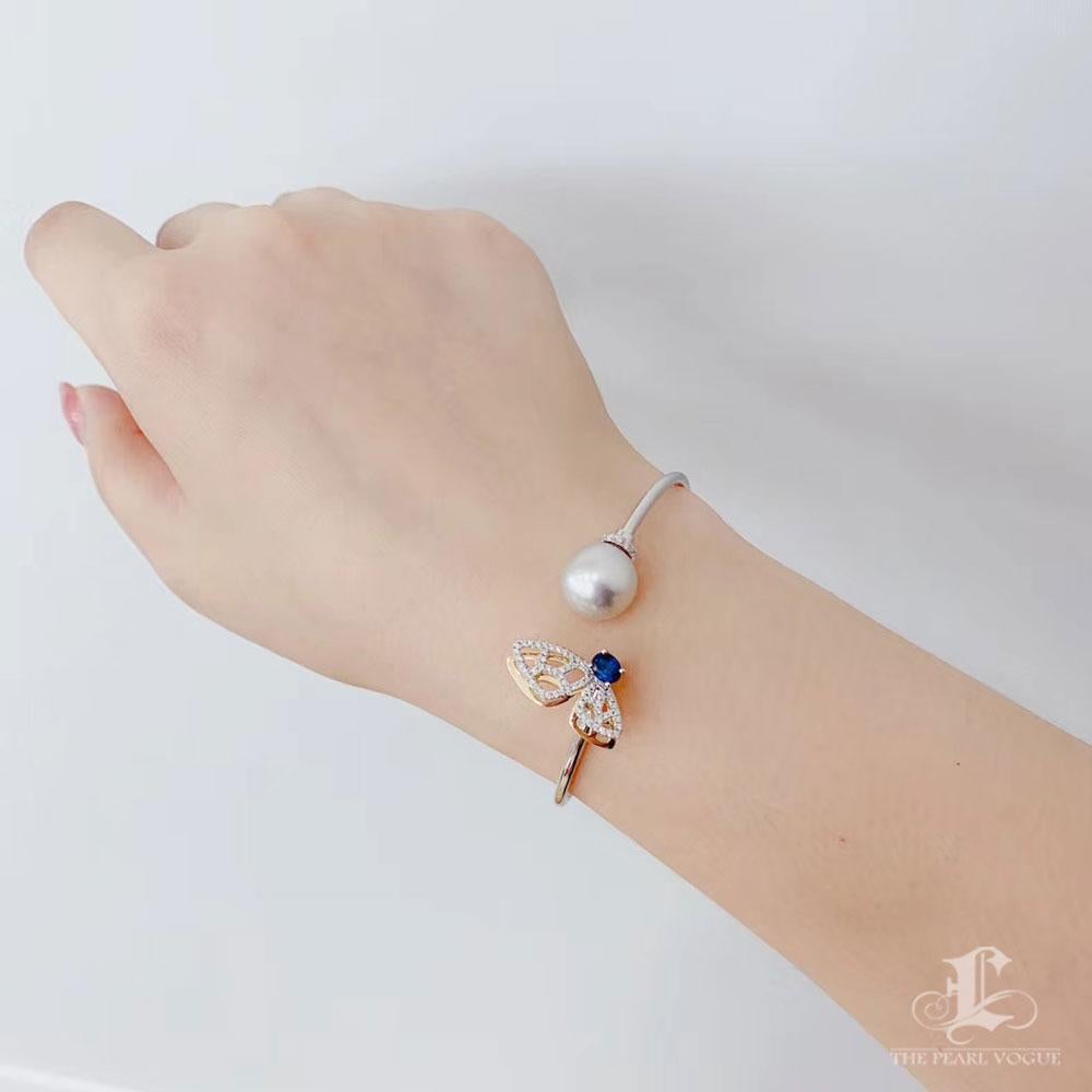 Uncut 【Vine Symphony】Butterfly Whim South Sea Pearl & Sapphire Diamond Open Bangle For Sale