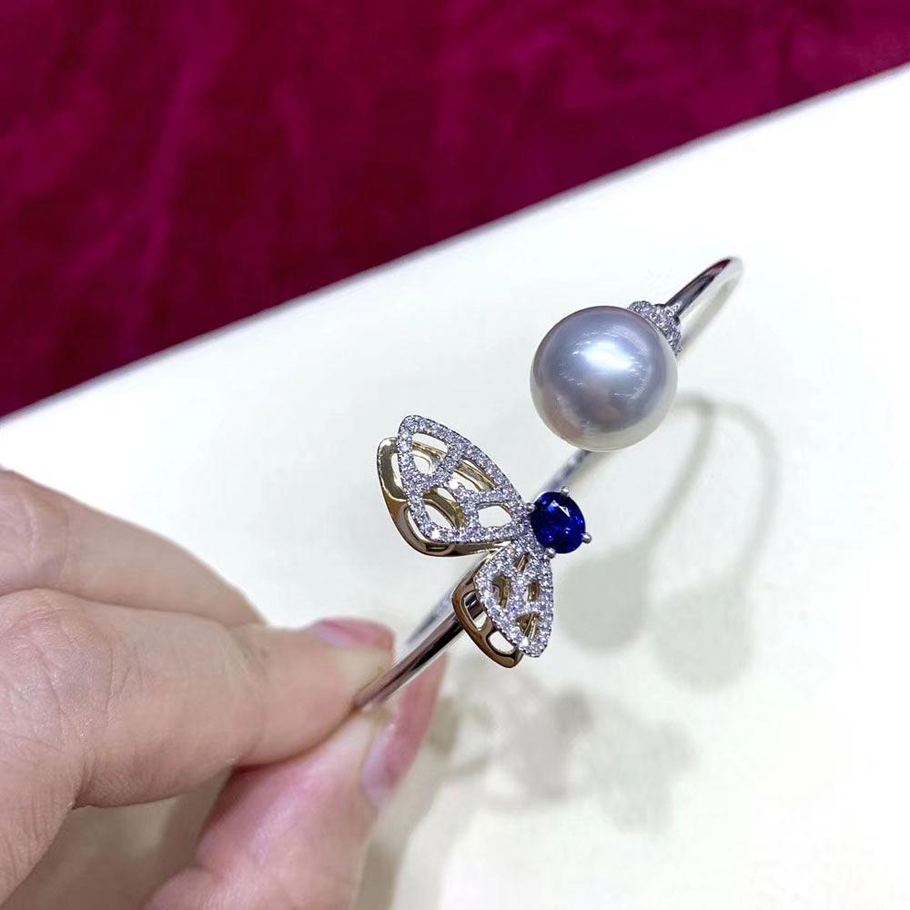【Vine Symphony】Butterfly Whim South Sea Pearl & Sapphire Diamond Open Bangle In New Condition For Sale In New York, NY