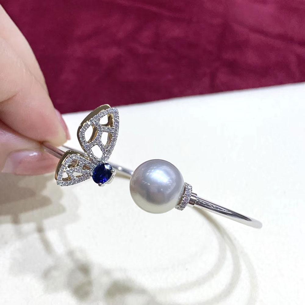 Women's 【Vine Symphony】Butterfly Whim South Sea Pearl & Sapphire Diamond Open Bangle For Sale