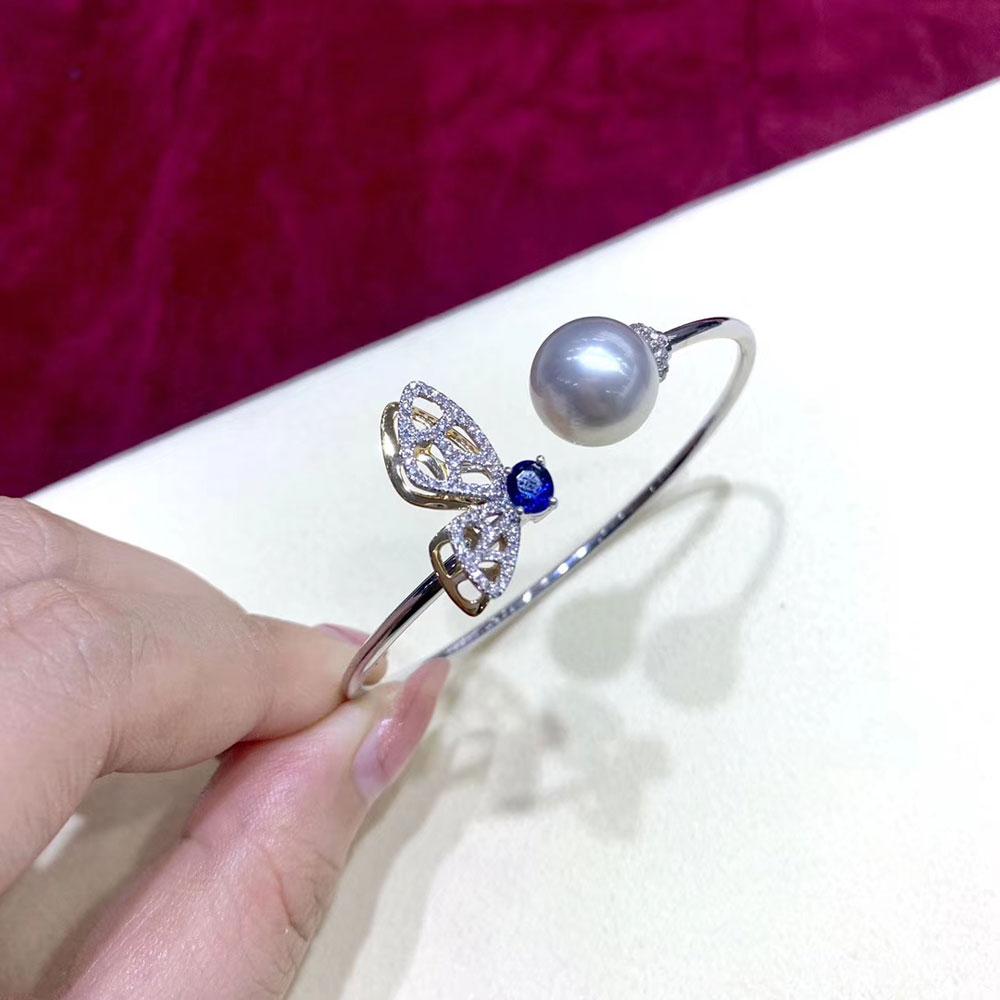 【Vine Symphony】Butterfly Whim South Sea Pearl & Sapphire Diamond Open Bangle For Sale 1