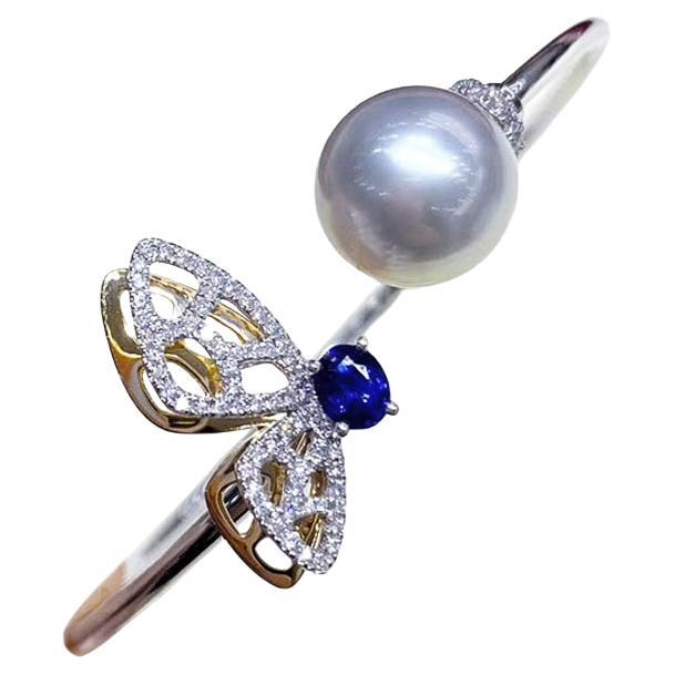 【Vine Symphony】Butterfly Whim South Sea Pearl & Sapphire Diamond Open Bangle For Sale