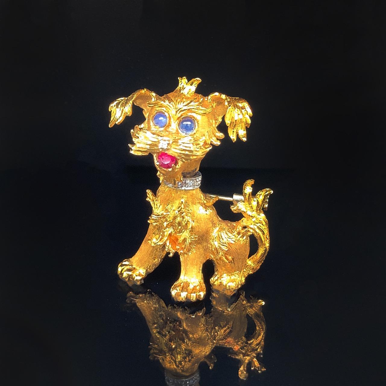 Modern 18k Gold, Diamond, Sapphire and Ruby Schnauzer Dog Brooch For Sale