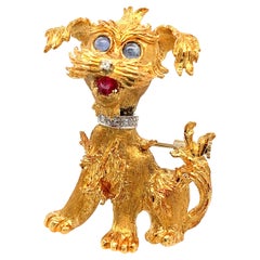 18k Gold, Diamond, Sapphire and Ruby Schnauzer Dog Brooch
