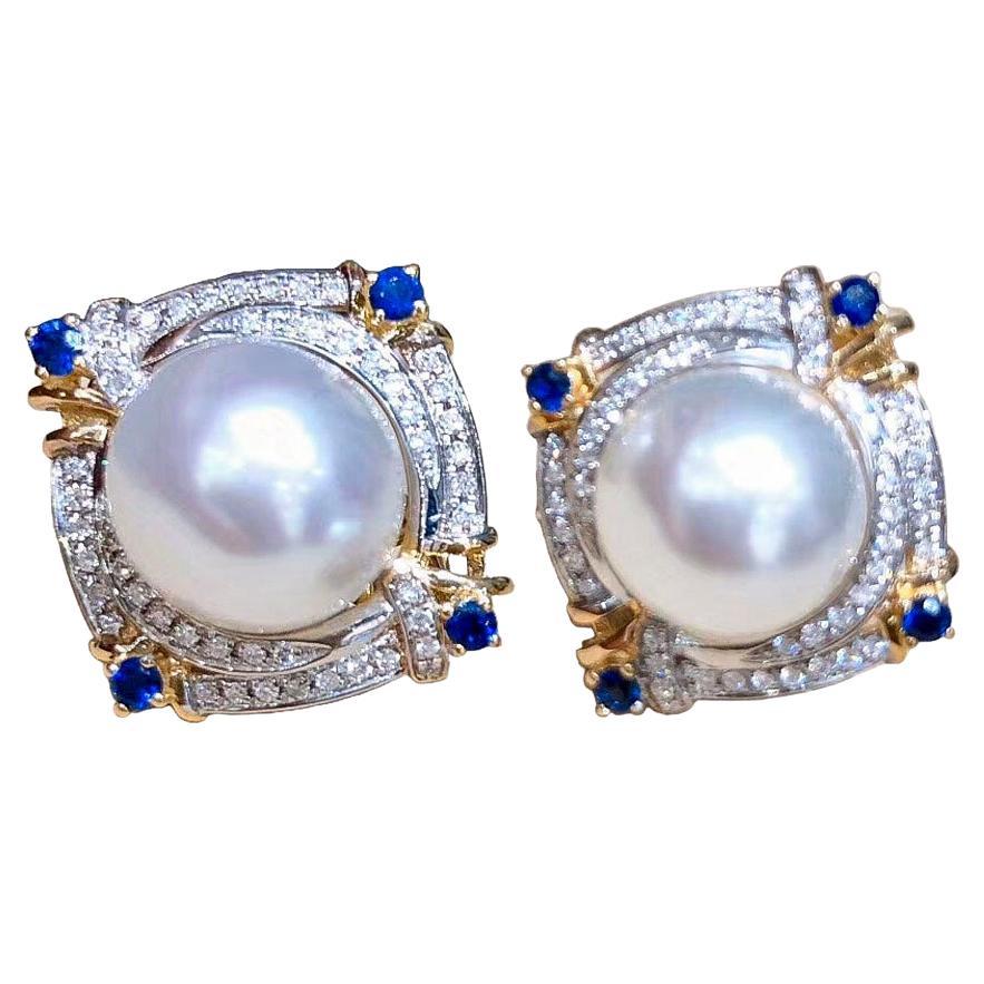 【Crown Radiance】 Aurora South Sea Pearl & Sapphire Diamond Stud Earrings For Sale