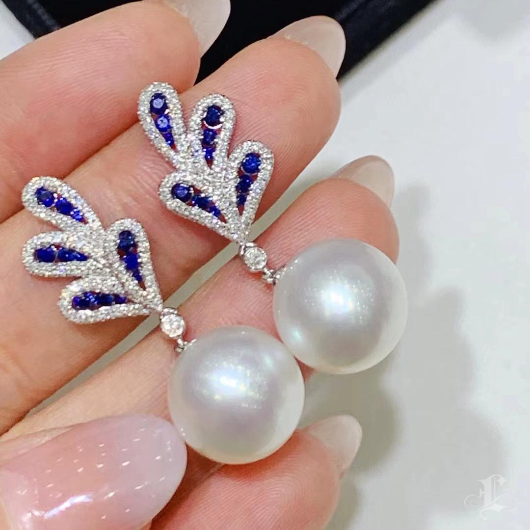 Women's 【Vine Symphony】Celestial Plumage South Sea Pearl Sapphire Diamond Earrings For Sale