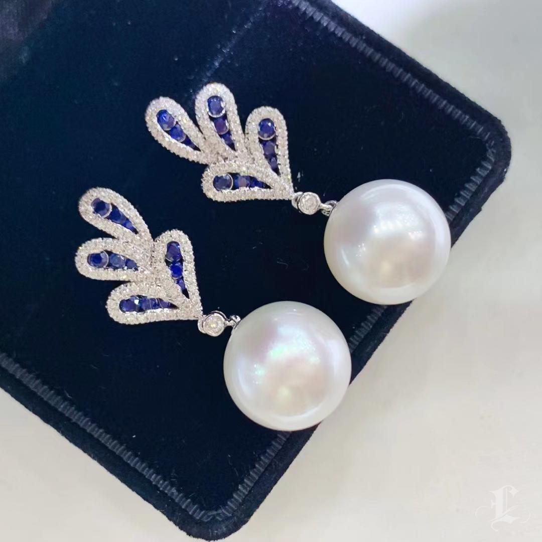 【Vine Symphony】Celestial Plumage South Sea Pearl Sapphire Diamond Earrings For Sale 1