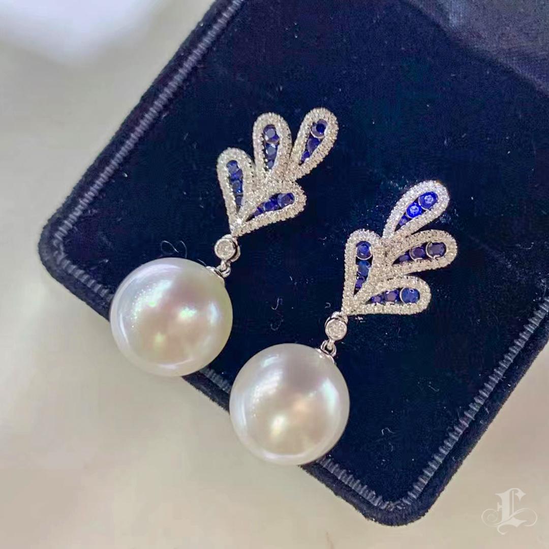 【Vine Symphony】Celestial Plumage South Sea Pearl Sapphire Diamond Earrings For Sale 3