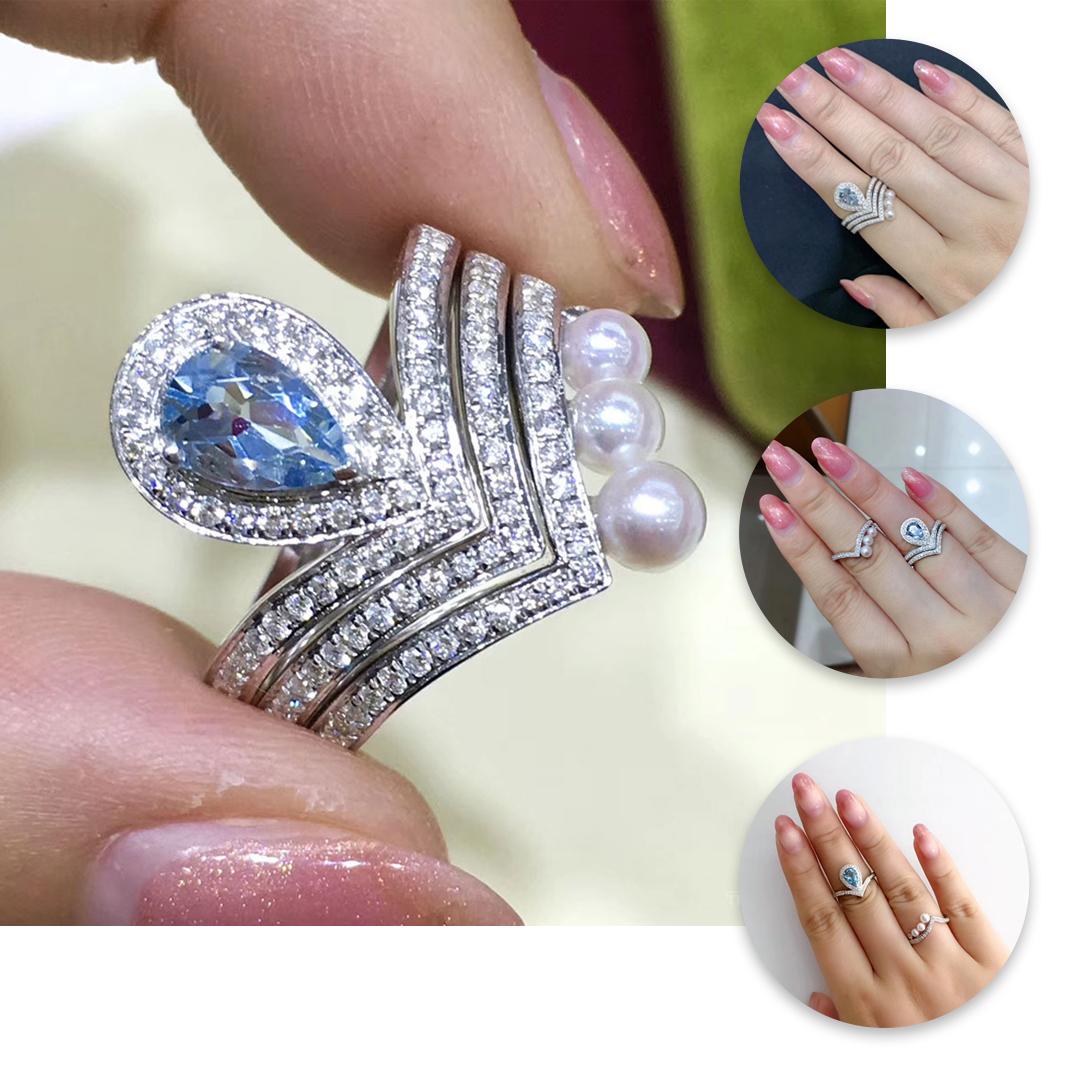 Non taillé 【Lustre Arc】Ocean Regalia Triple Band Ring Set with Sapphire & Baby Akoya Pearls en vente