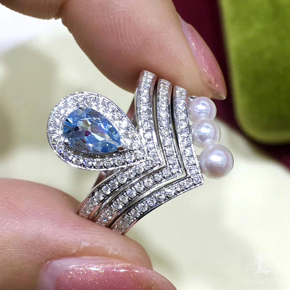 【Lustre Arc】Ocean Regalia Triple Band Ring Set with Sapphire & Baby Akoya Pearls en vente 2