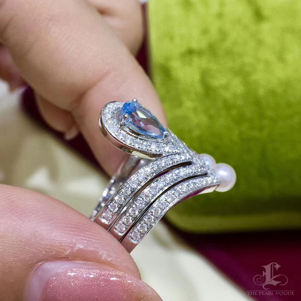 【Lustre Arc】Ocean Regalia Triple Band Ring Set with Sapphire & Baby Akoya Pearls en vente 3