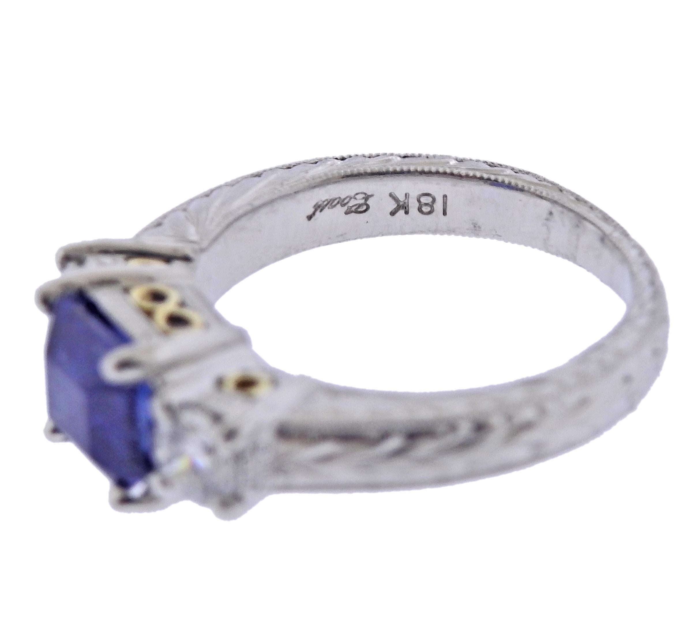 Square Cut 18k Gold Diamond Sapphire Engagement Ring For Sale
