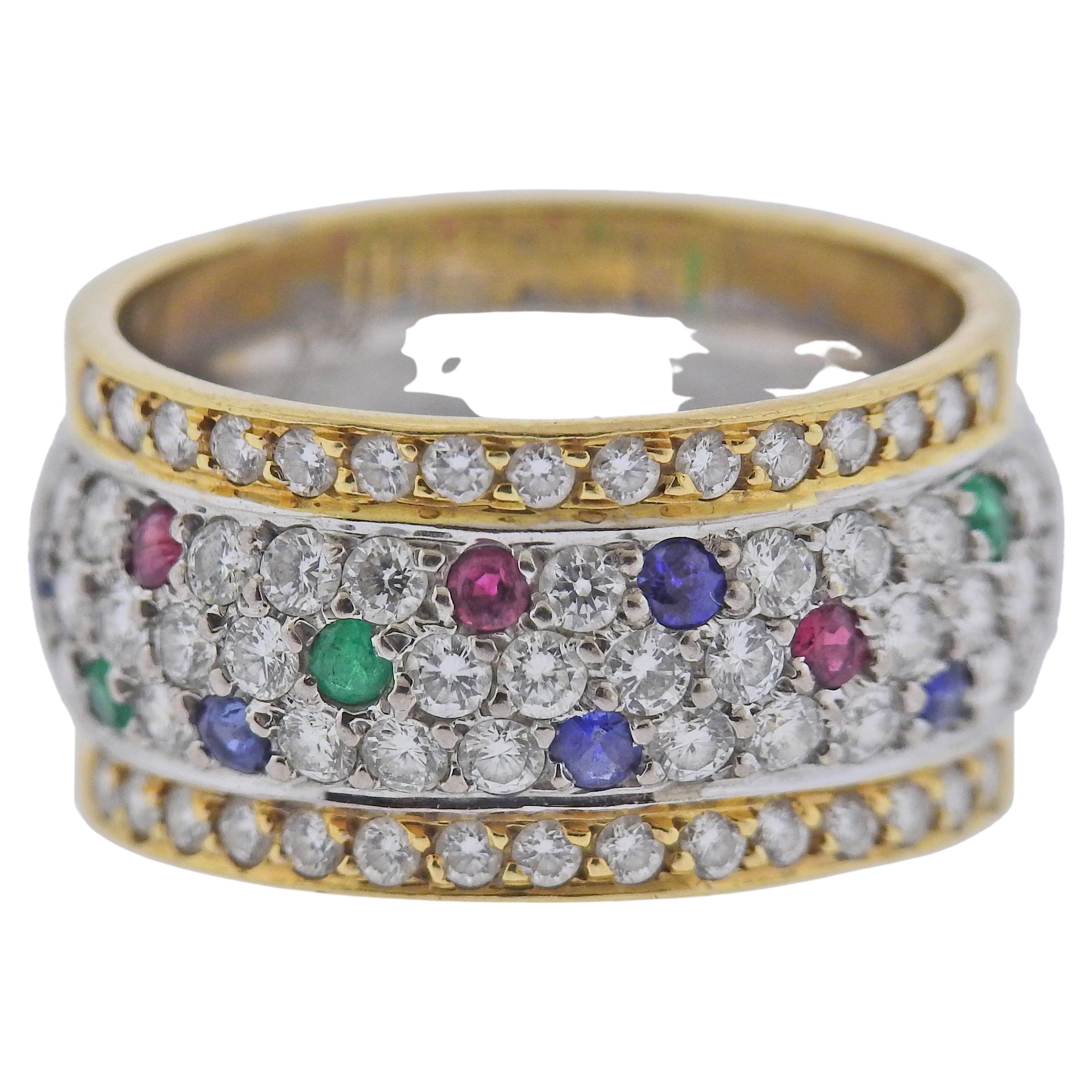 18k Gold Diamond Sapphire Ruby Emerald Band Ring For Sale