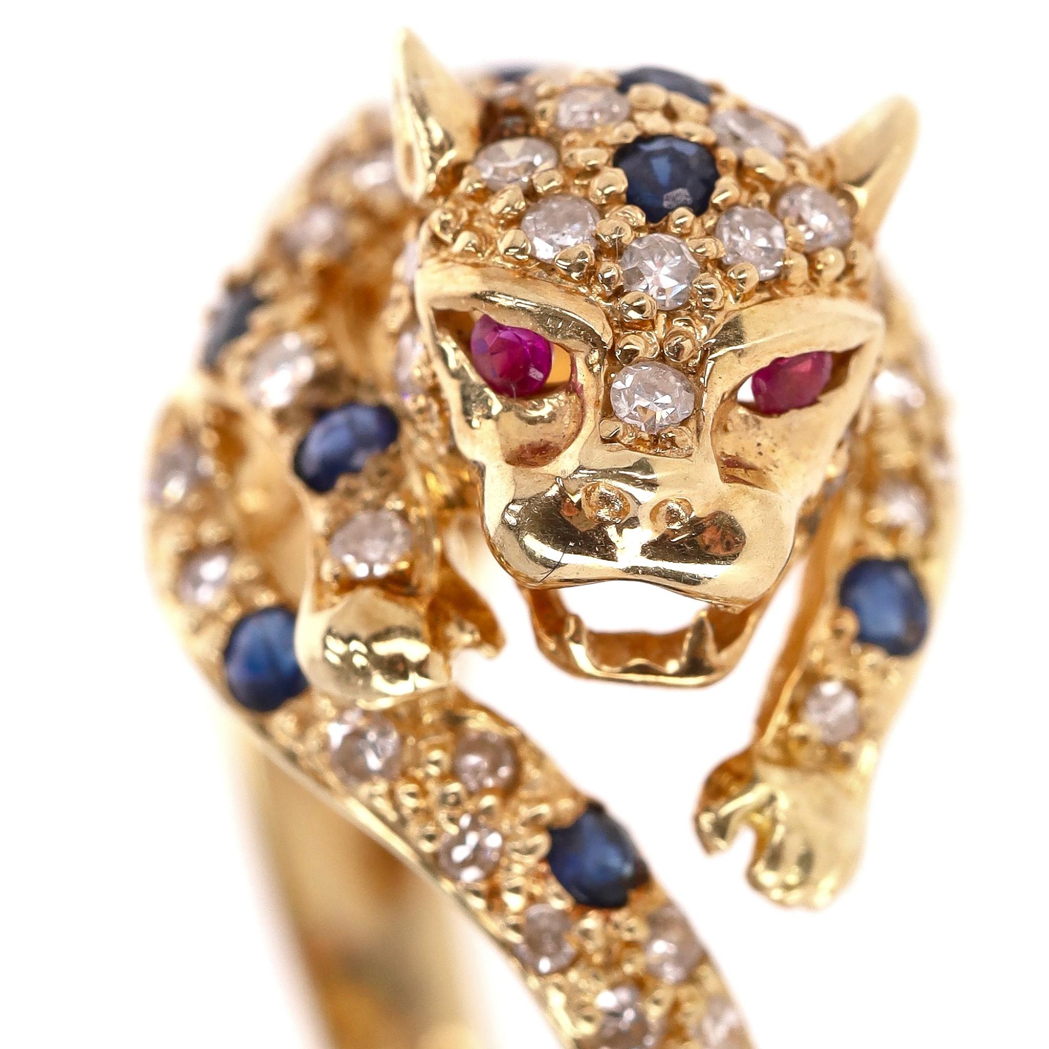 18k Gold Diamond, Sapphire & Ruby Panther Ring In Excellent Condition In London, GB
