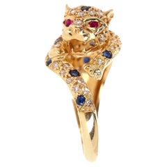 18k Gold Diamond, Sapphire & Ruby Panther Ring