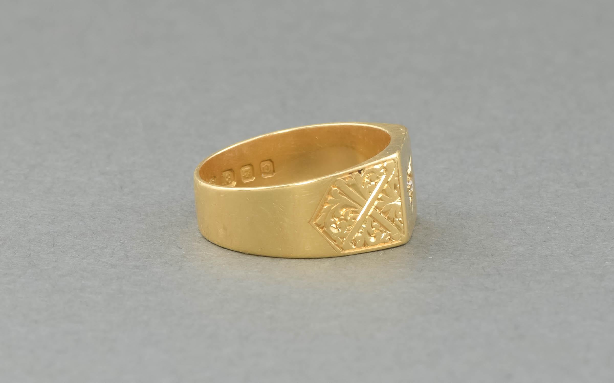 18K Gold Diamond Star Signet Ring with Engraved Shoulders, hallmarked 1929 4