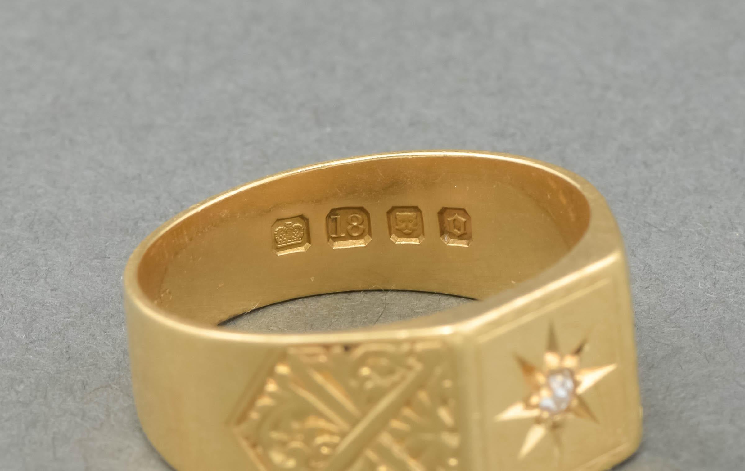 18K Gold Diamond Star Signet Ring with Engraved Shoulders, hallmarked 1929 5