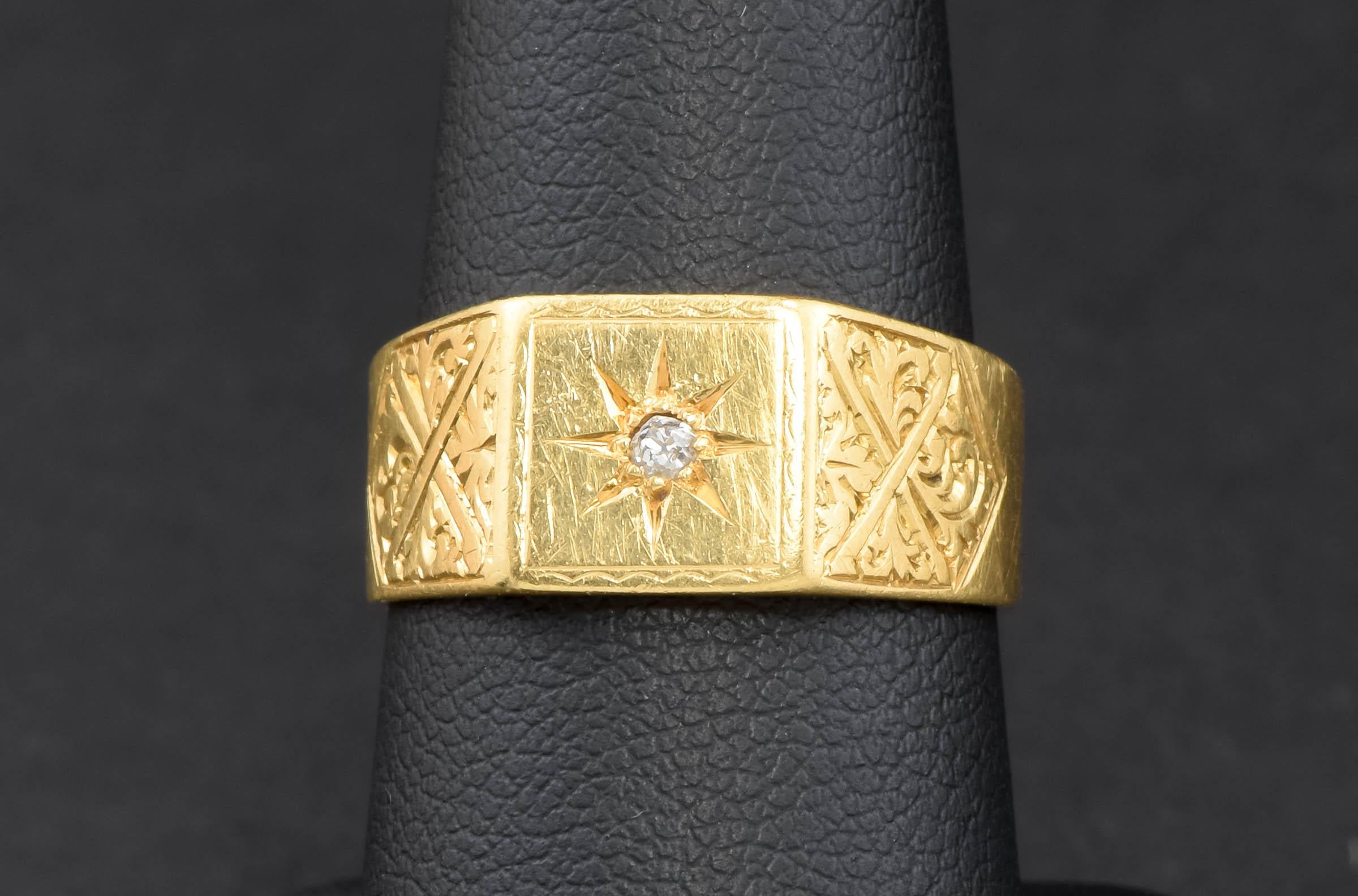 This beautiful, vintage - nearly antique - diamond star band combines three of my favorite jewelry elements: 18K gold, antique diamonds and hand engraving.

Crafted of solid 18K gold with a beautiful, rich color, the ring features a twinkling old