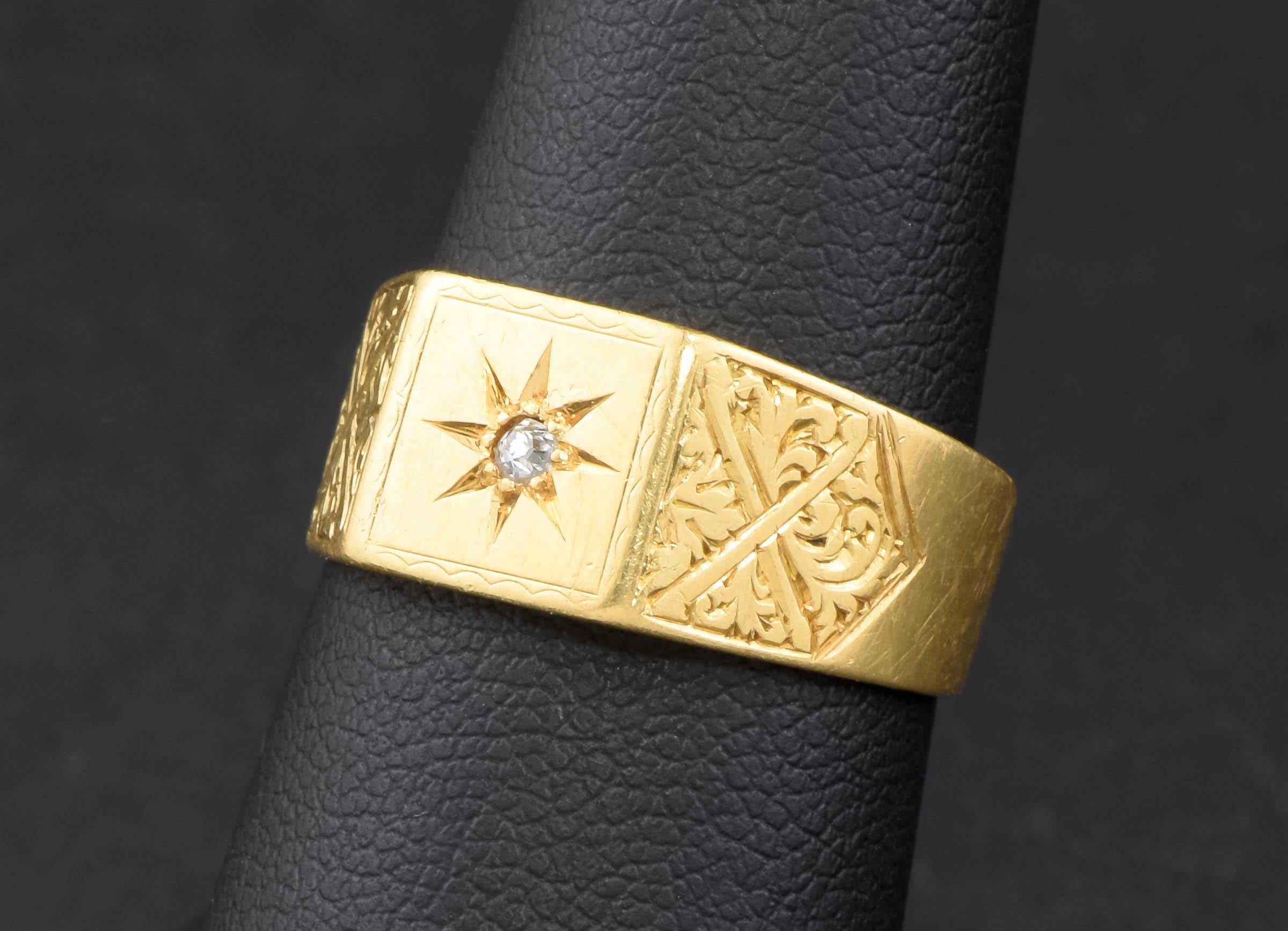 Victorian 18K Gold Diamond Star Signet Ring with Engraved Shoulders, hallmarked 1929
