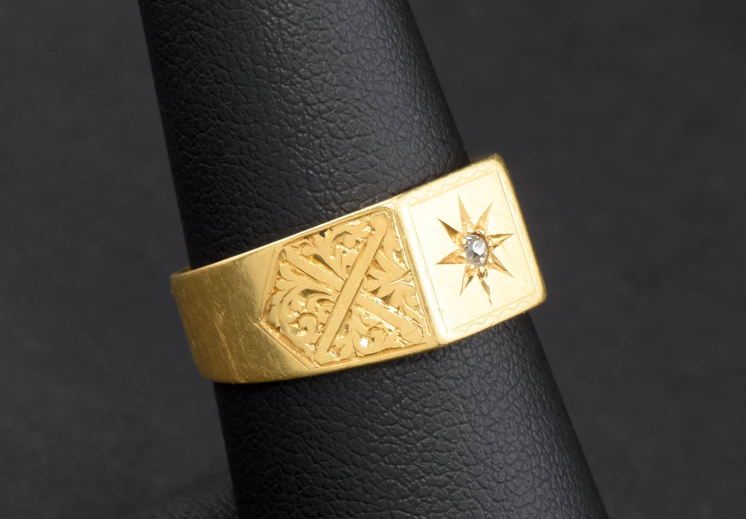 Old Mine Cut 18K Gold Diamond Star Signet Ring with Engraved Shoulders, hallmarked 1929