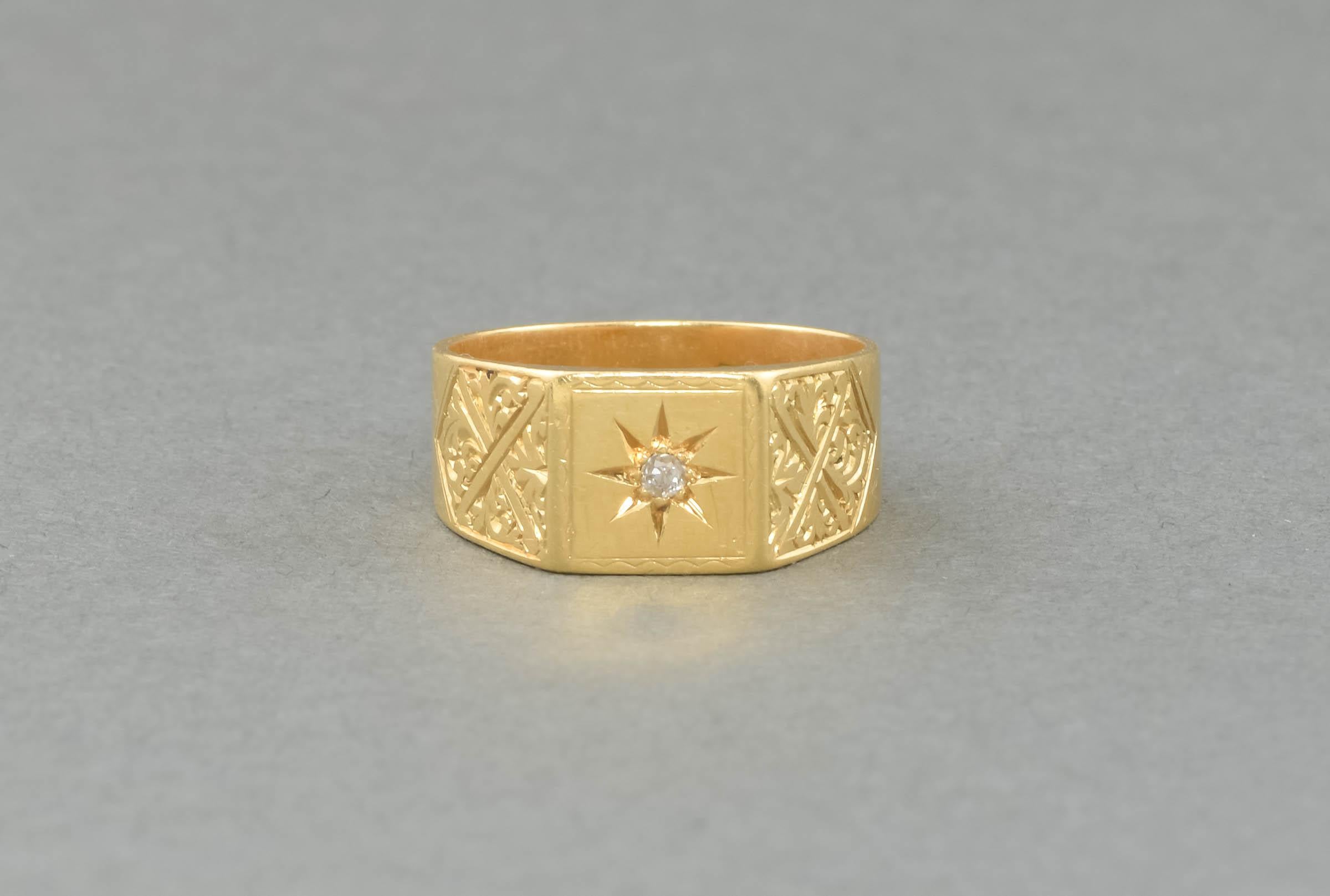 18K Gold Diamond Star Signet Ring with Engraved Shoulders, hallmarked 1929 1