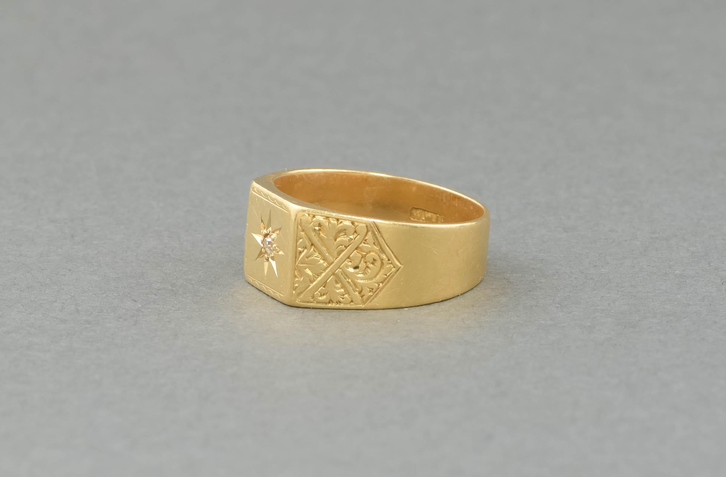 18K Gold Diamond Star Signet Ring with Engraved Shoulders, hallmarked 1929 2