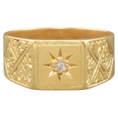 18K Gold Diamond Star Signet Ring with Engraved Shoulders, hallmarked 1929
