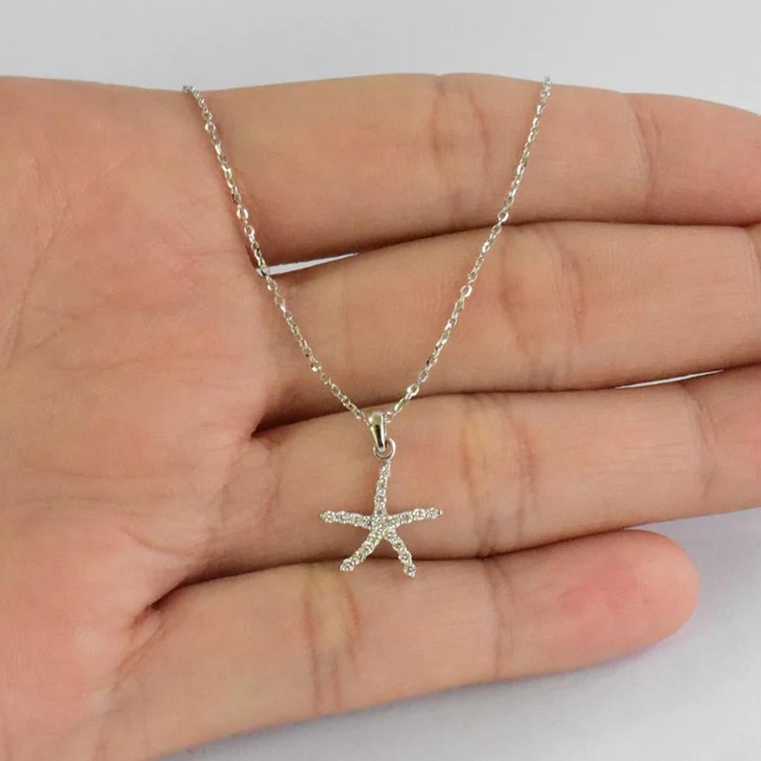 Round Cut 18k Gold Diamond Starfish Necklace Nautical Starfish Charm Pendant For Sale
