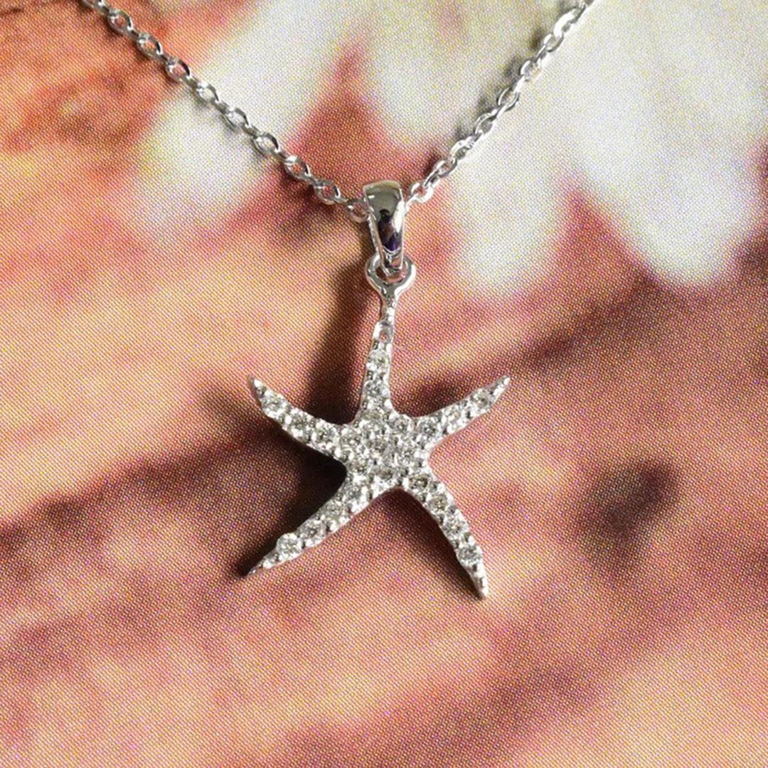 18k Gold Diamond Starfish Necklace Ocean Nautical Sea Beach Jewelry In New Condition For Sale In Bangkok, TH
