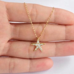 18k Gold Diamond Starfish Pendant Necklace Ocean Beach Jewelry