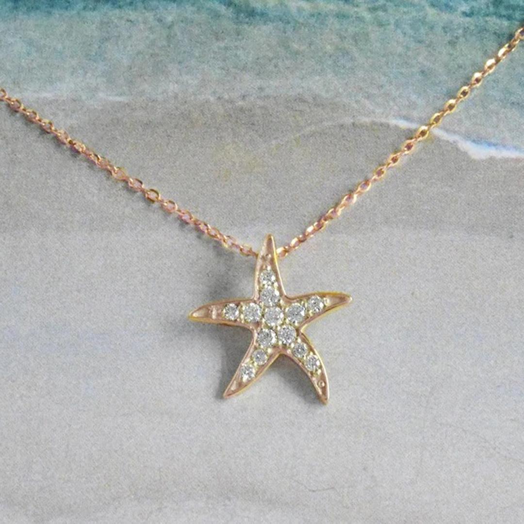 Modern 18k Gold Diamond Starfish Pendant Necklace Ocean Beach Jewelry For Sale
