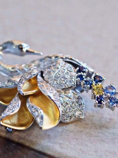 18K Gold Diamond Swan Brooch/Pendant with Yellow Sapphire and Blue Sapphire