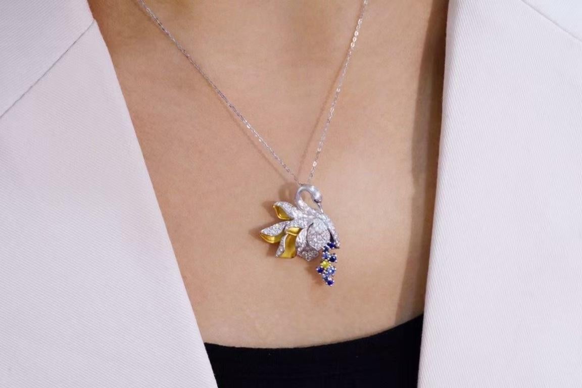 18K Gold Diamond Swan Brooch/Pendant with Yellow Sapphire and Blue Sapphire For Sale 2