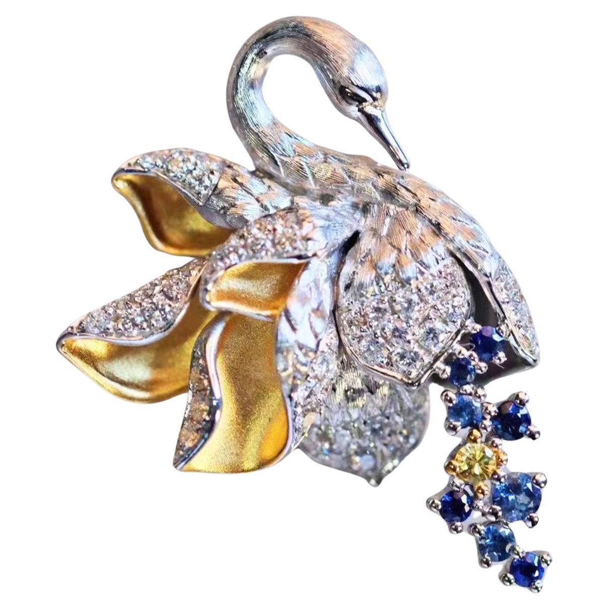 18K Gold Diamant Swan Brosche/Anhänger mit gelbem Saphir und blauem Saphir