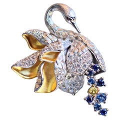 18K Gold Diamant Swan Brosche/Anhänger mit gelbem Saphir und blauem Saphir