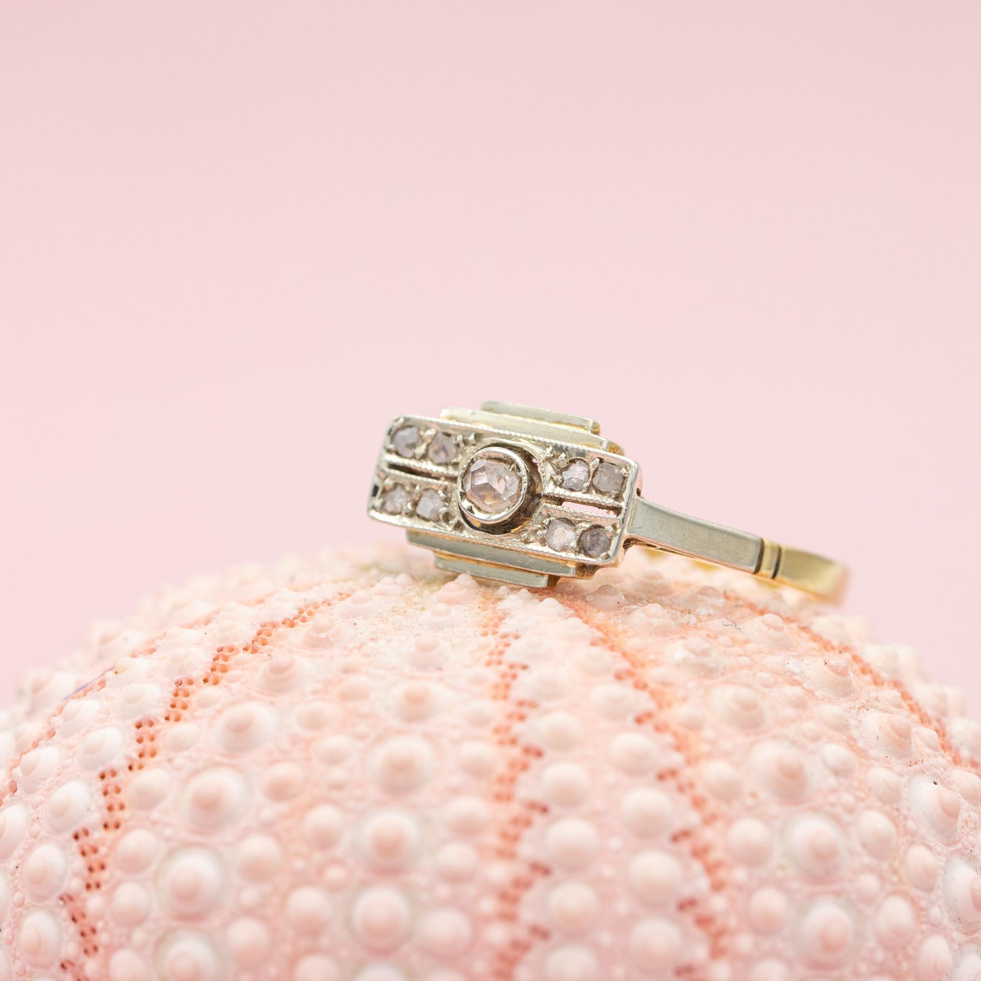 Rose Cut 18k Gold diamond tank ring - family heirloom - Art Deco, Antique engagement ring