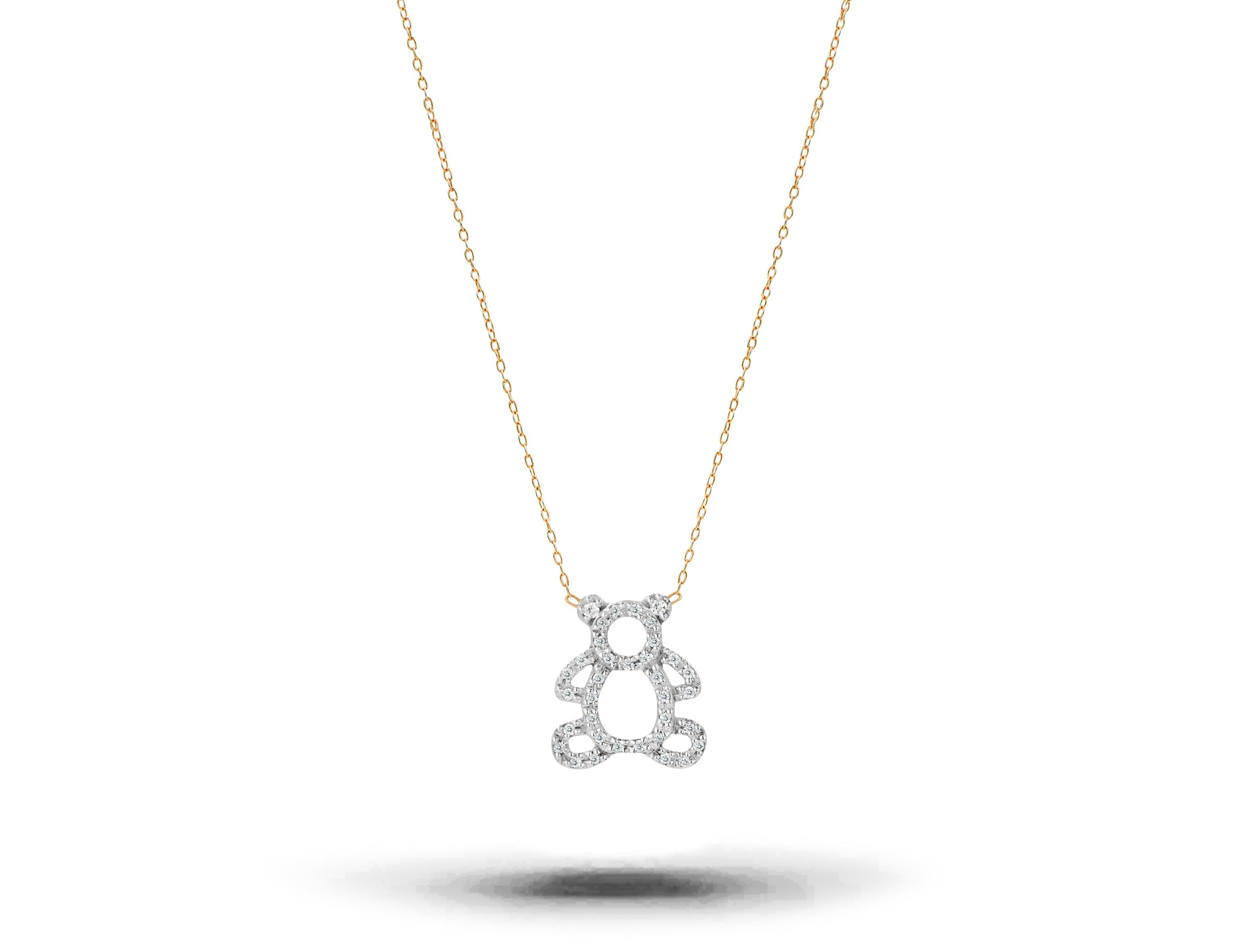 Diamond Teddy Bear Charm Necklace is made of 18k solid gold.
Available in three colors of gold:  White Gold / Rose Gold / Yellow Gold.

Natural genuine round cut diamond, each diamond is hand selected by me to ensure quality and set by a master