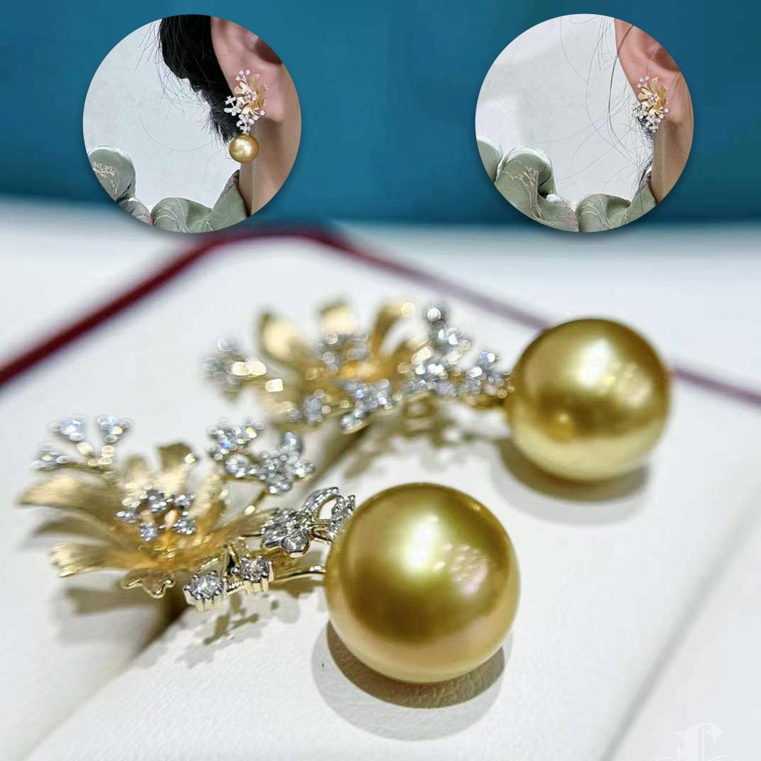 Uncut 【Vine Symphony】Golden Bloom South Sea Pearl Diamond Convertible Earrings For Sale