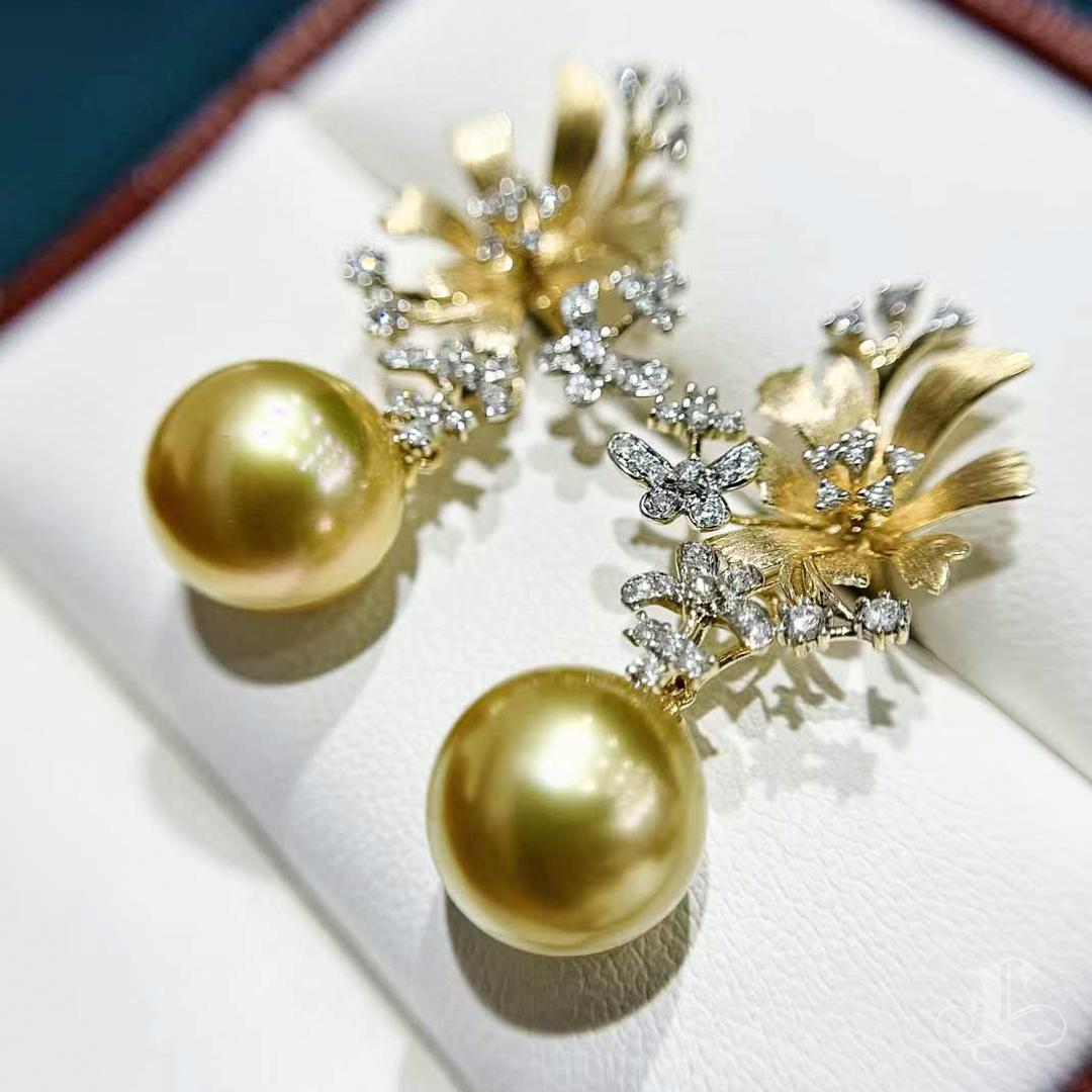 Women's 【Vine Symphony】Golden Bloom South Sea Pearl Diamond Convertible Earrings For Sale
