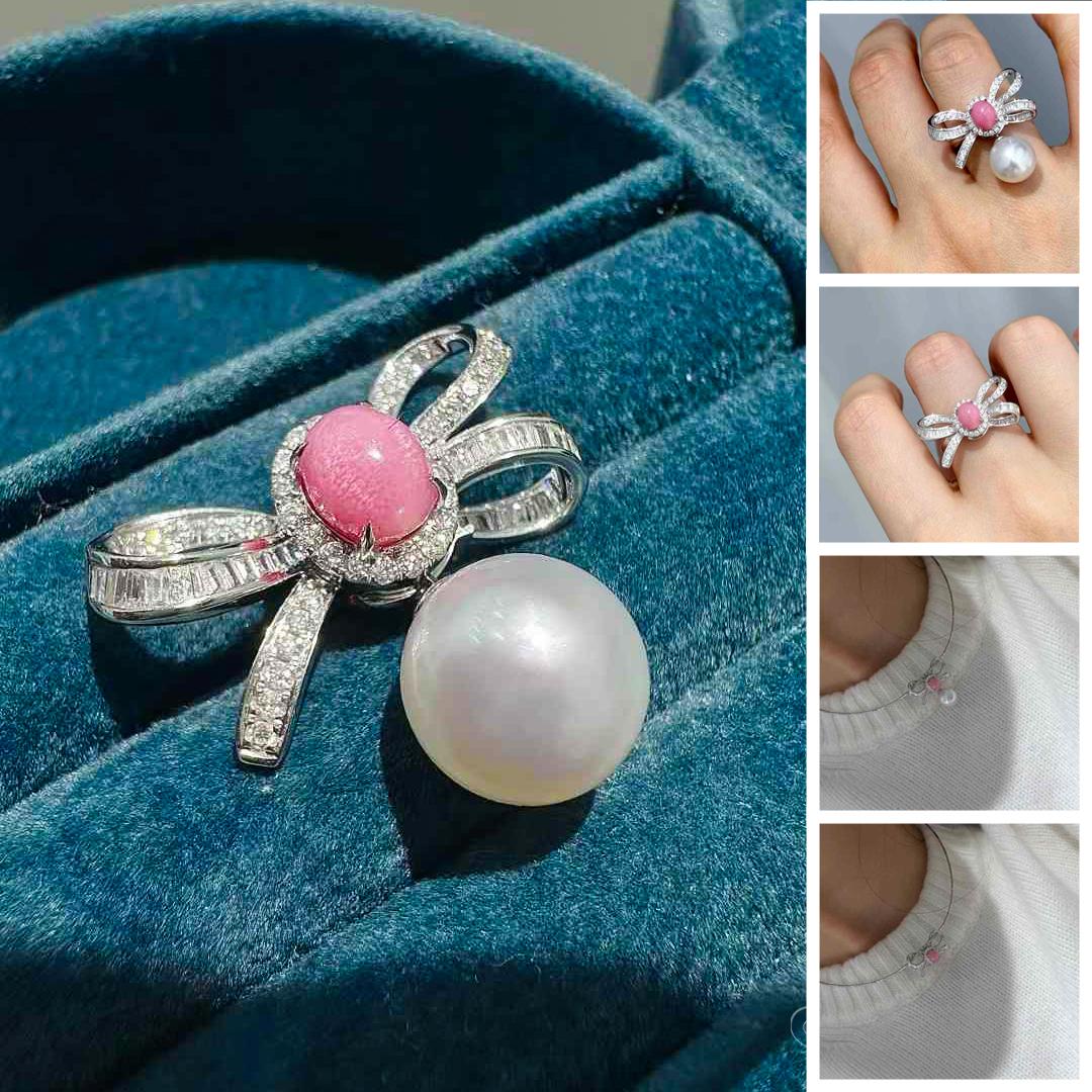 Questo gioiello 4 in 1, che celebra la versatilità e il fascino, si trasforma in un anello, una spilla, un ciondolo e un orecchino.
Al centro del design si trova una perla conchiglia rosa fenicottero da 1,39ct, apprezzata per il suo colore ricco e