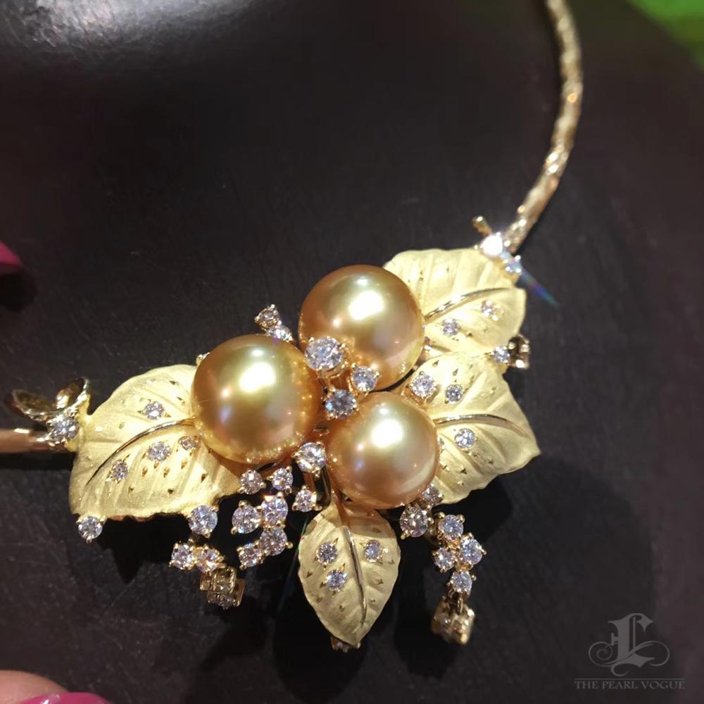 Uncut Diamond Dust Leaf Convertible South Sea Pearl Brooch Necklace with 18K Collar