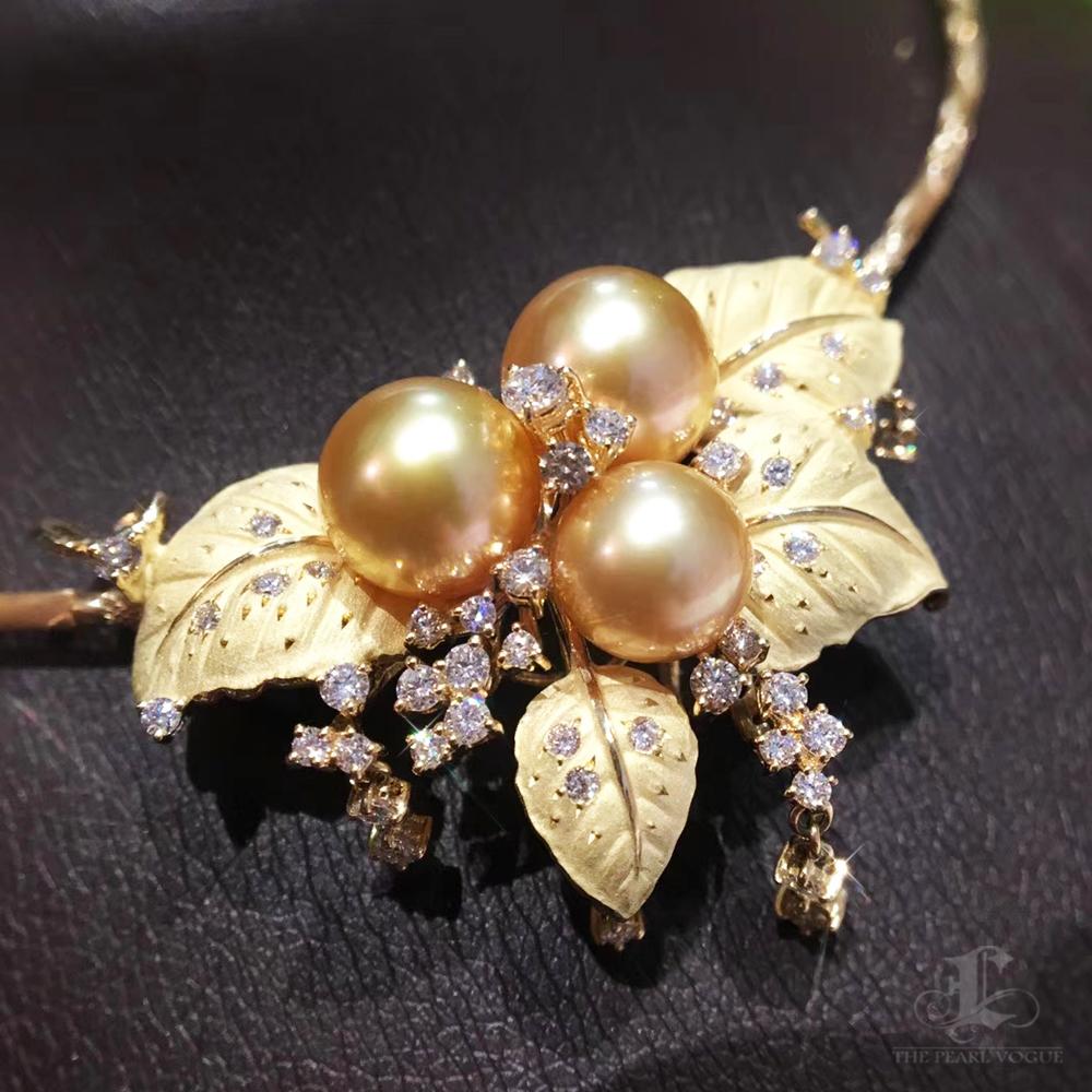 Women's Diamond Dust Leaf Convertible South Sea Pearl Brooch Necklace with 18K Collar