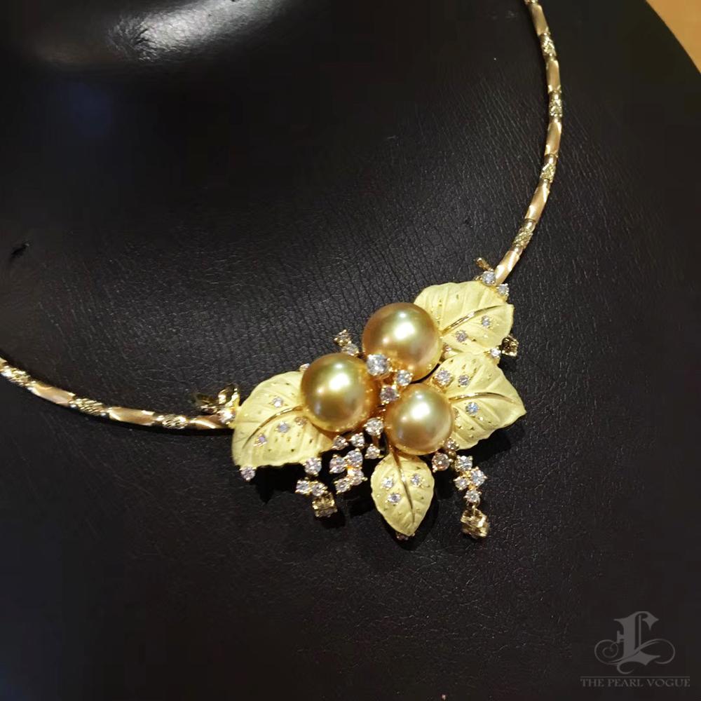 Diamond Dust Leaf Convertible South Sea Pearl Brooch Necklace with 18K Collar 1