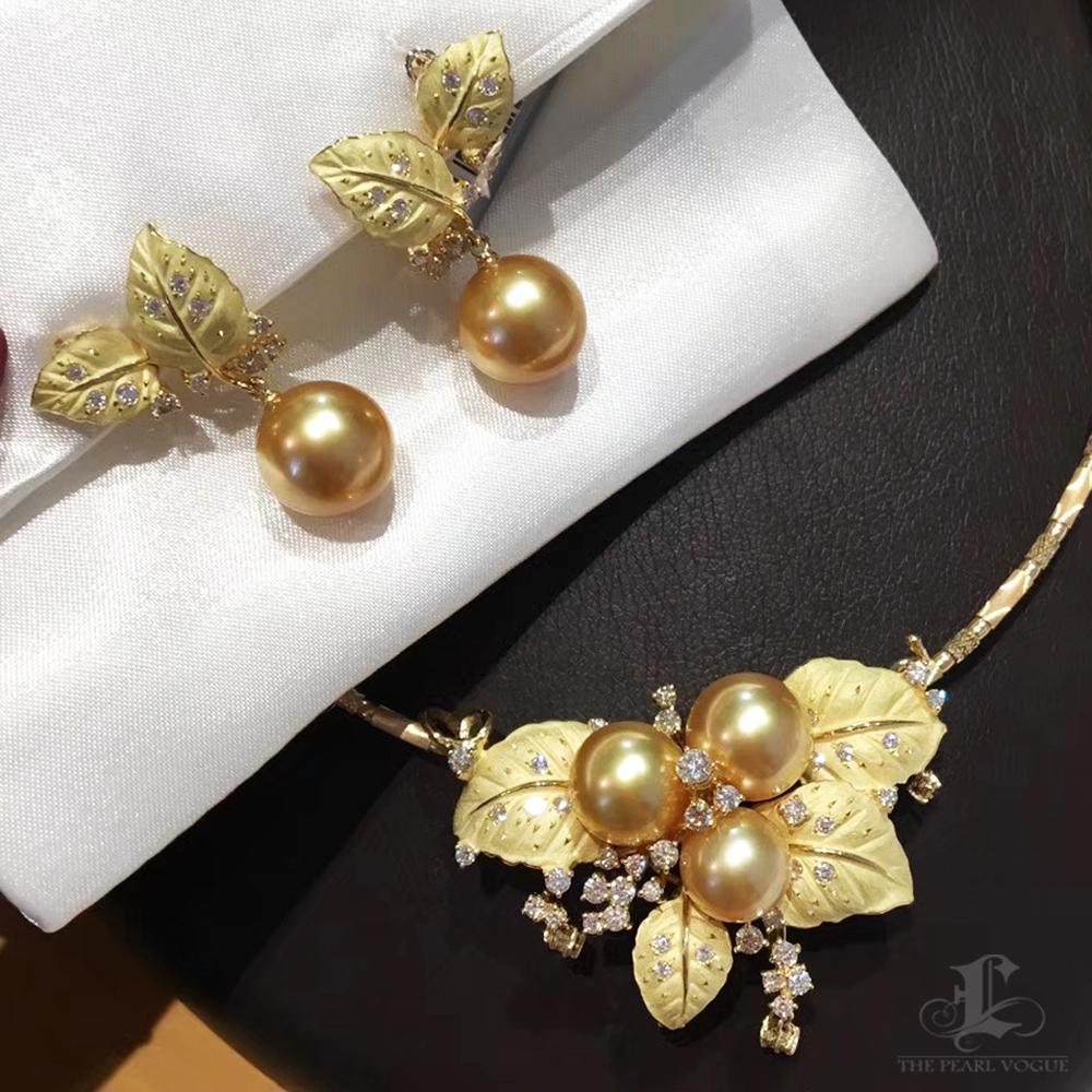 Diamond Dust Leaf Convertible South Sea Pearl Brooch Necklace with 18K Collar 2