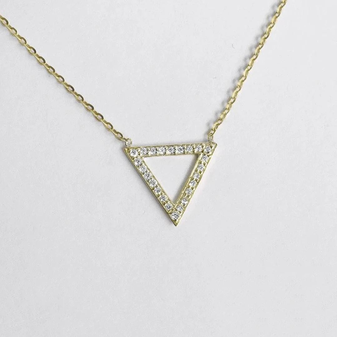 Round Cut 18k Gold Diamond Triangle Necklace Trillion Diamond Open Triangle Pendant For Sale