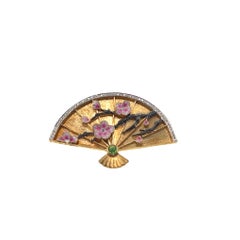 18K Gold Diamond & Tsavorite Chinese Fan Enameled Brooch Pendant