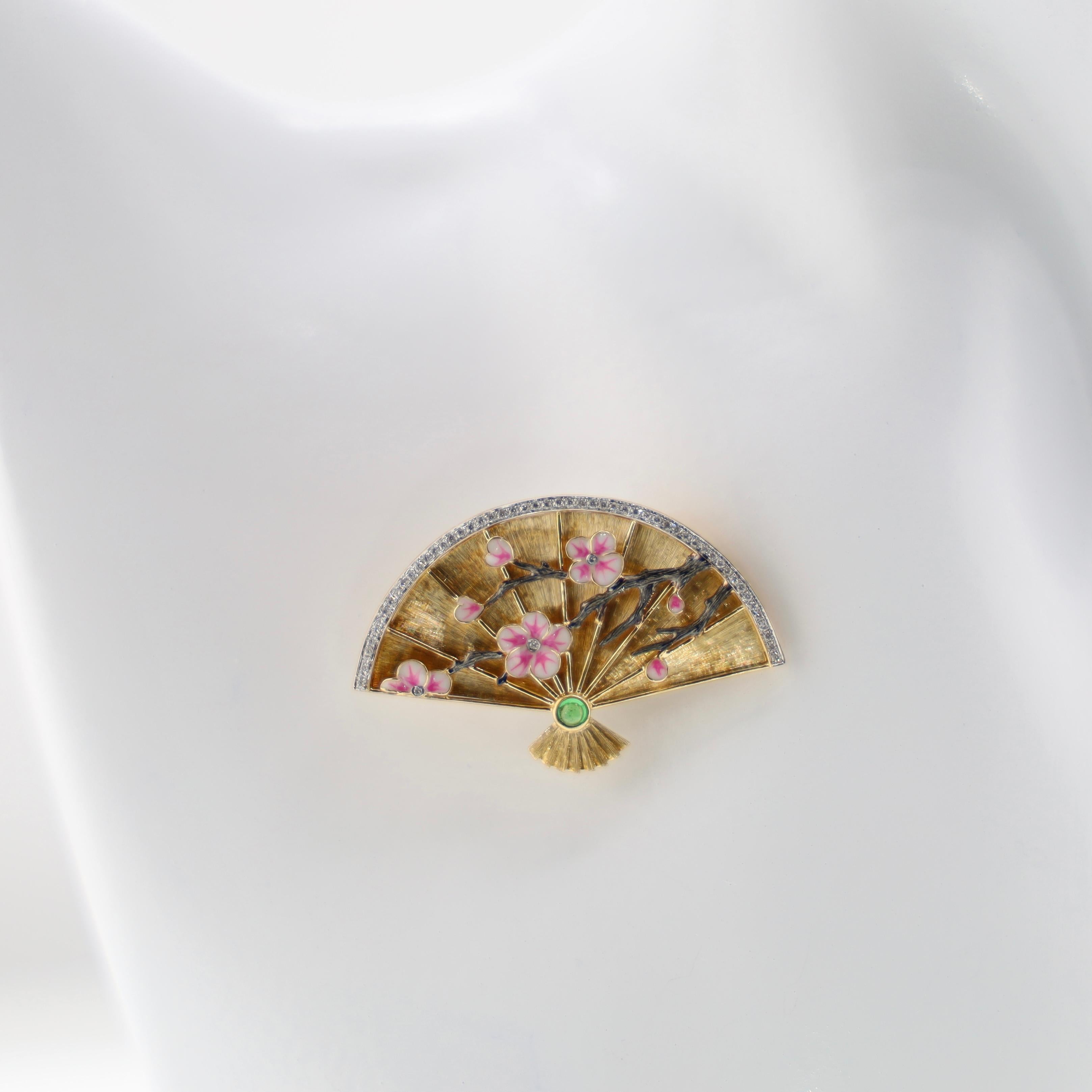Femenino o masculino Colgante Broche Esmaltado Abanico Chino Oro 18K Diamante y Tsavorita en venta