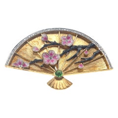 18K Gold Diamond & Tsavorite Chinese Fan Enameled Brooch Pendant