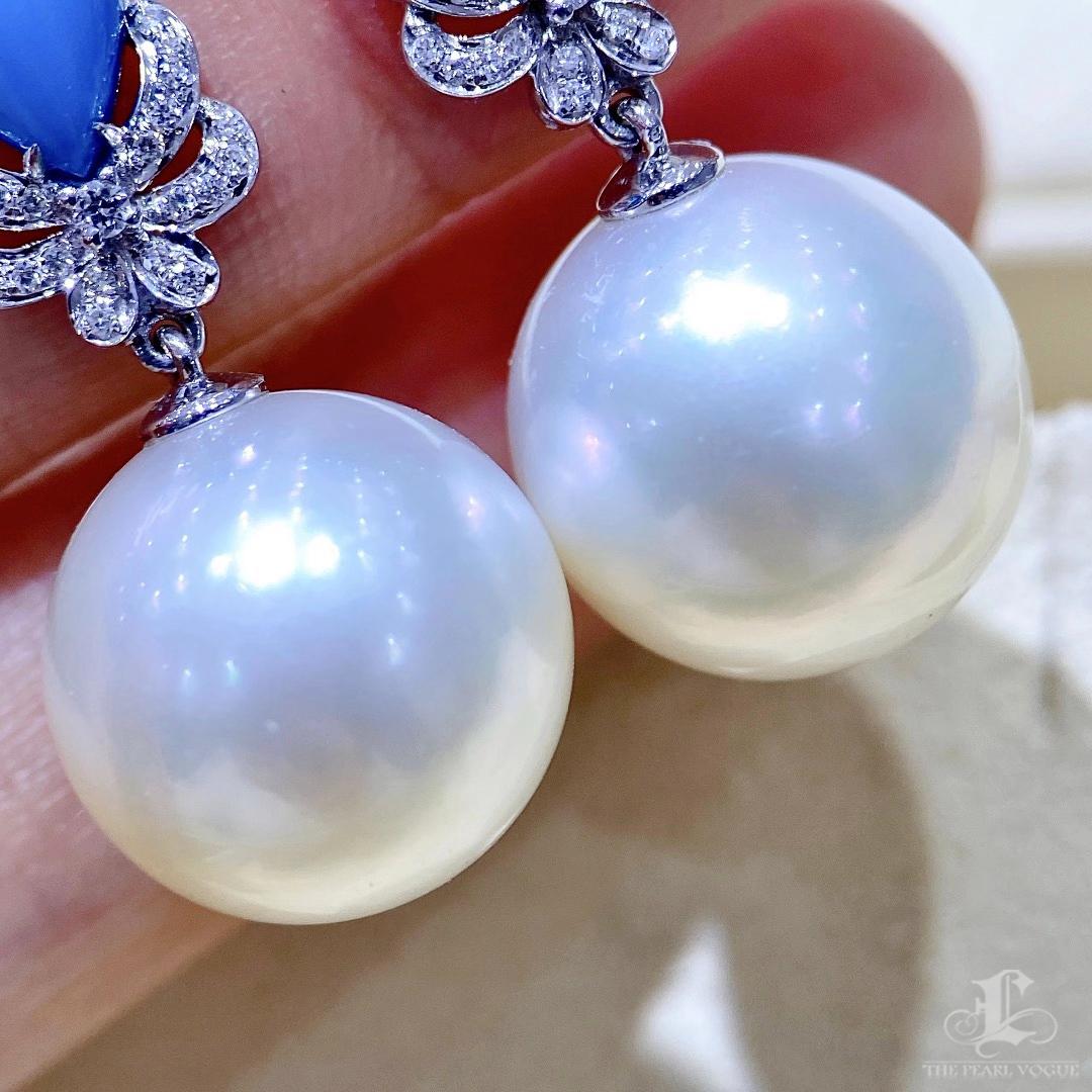 【Caelmare】Turquoise Bloom Aurora South Sea Pearl Diamond Drop Earrings In New Condition For Sale In New York, NY