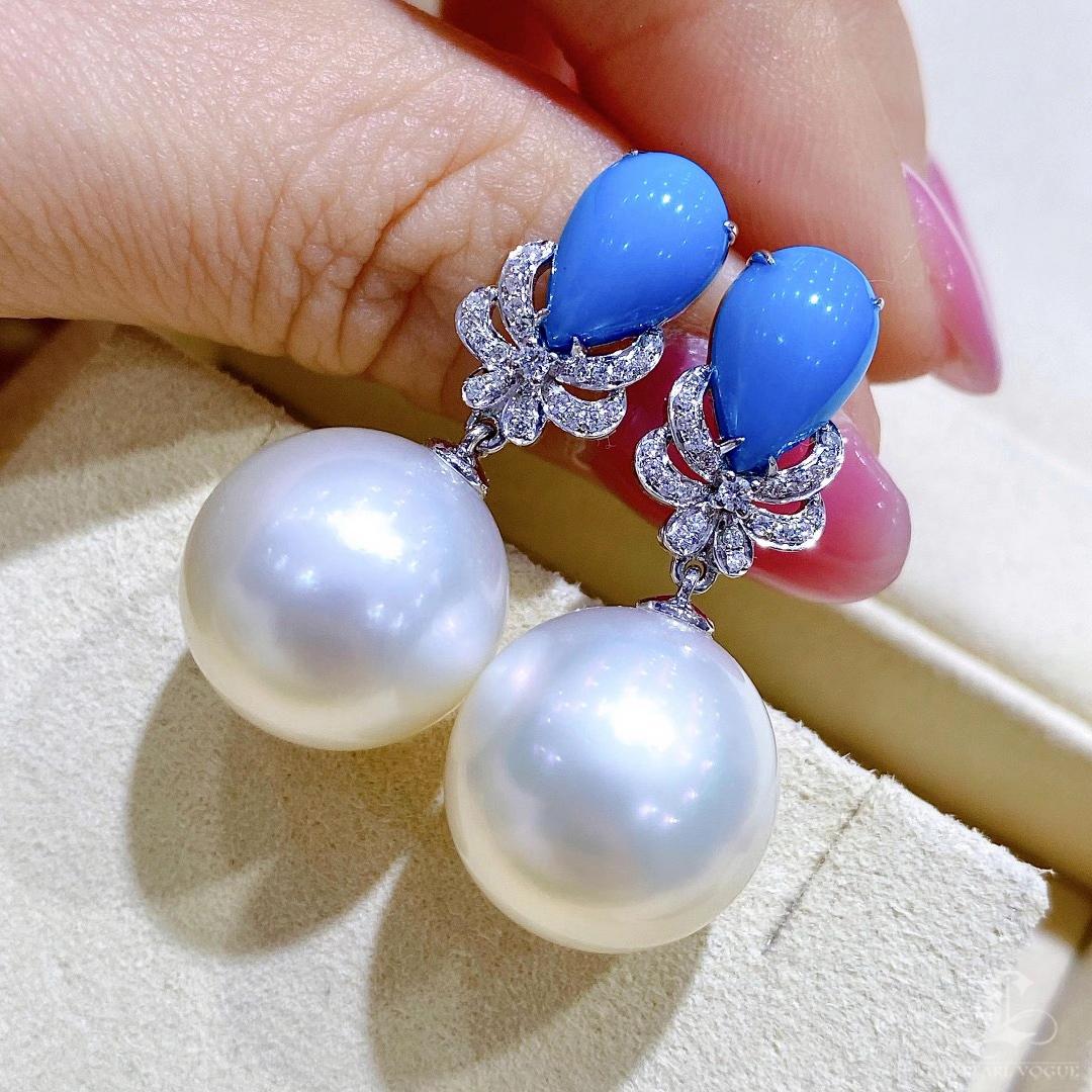 【Caelmare】Turquoise Bloom Aurora South Sea Pearl Diamond Drop Earrings For Sale 1