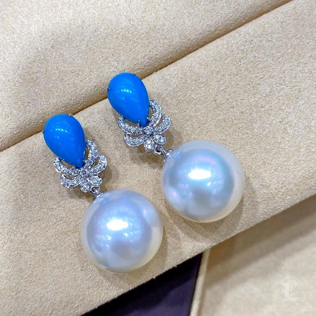 【Caelmare】Turquoise Bloom Aurora South Sea Pearl Diamond Drop Earrings For Sale 4